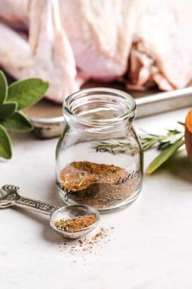 Turkey Seasoning in jar and measuring spoon