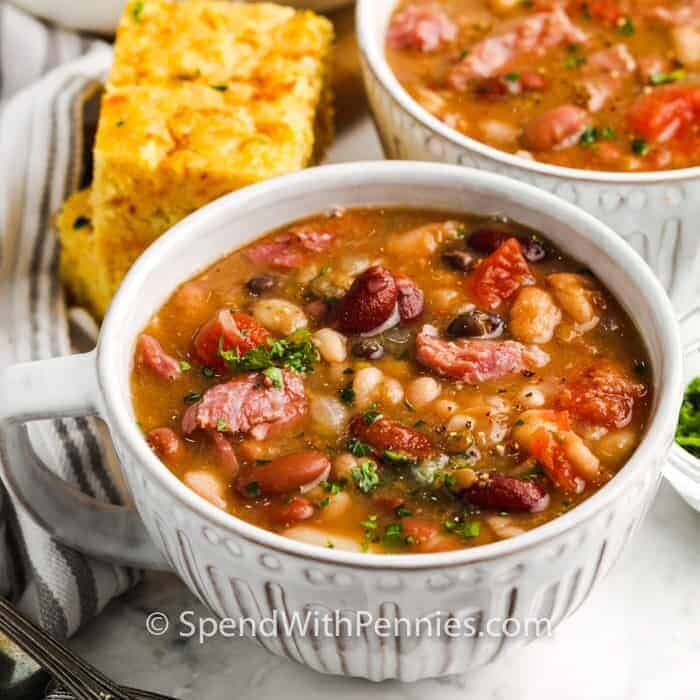 bowls of 15 Bean Soup with cornbread
