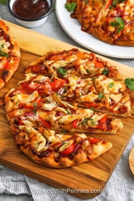 sliced cheesy BBQ Chicken Flatbread