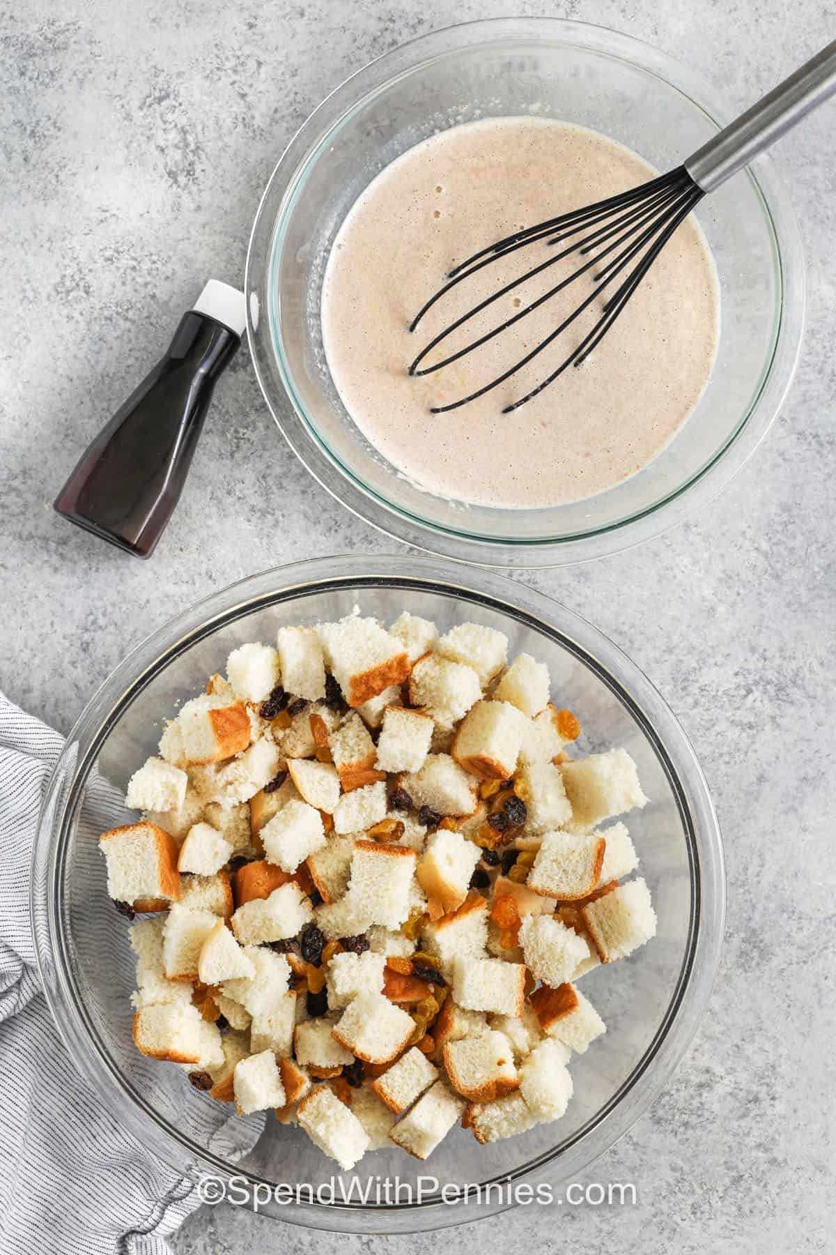 wet and dry ingredients in bowls to make Bread Pudding Recipe
