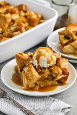 slice of Bread Pudding Recipe with ice cream and caramel sauce
