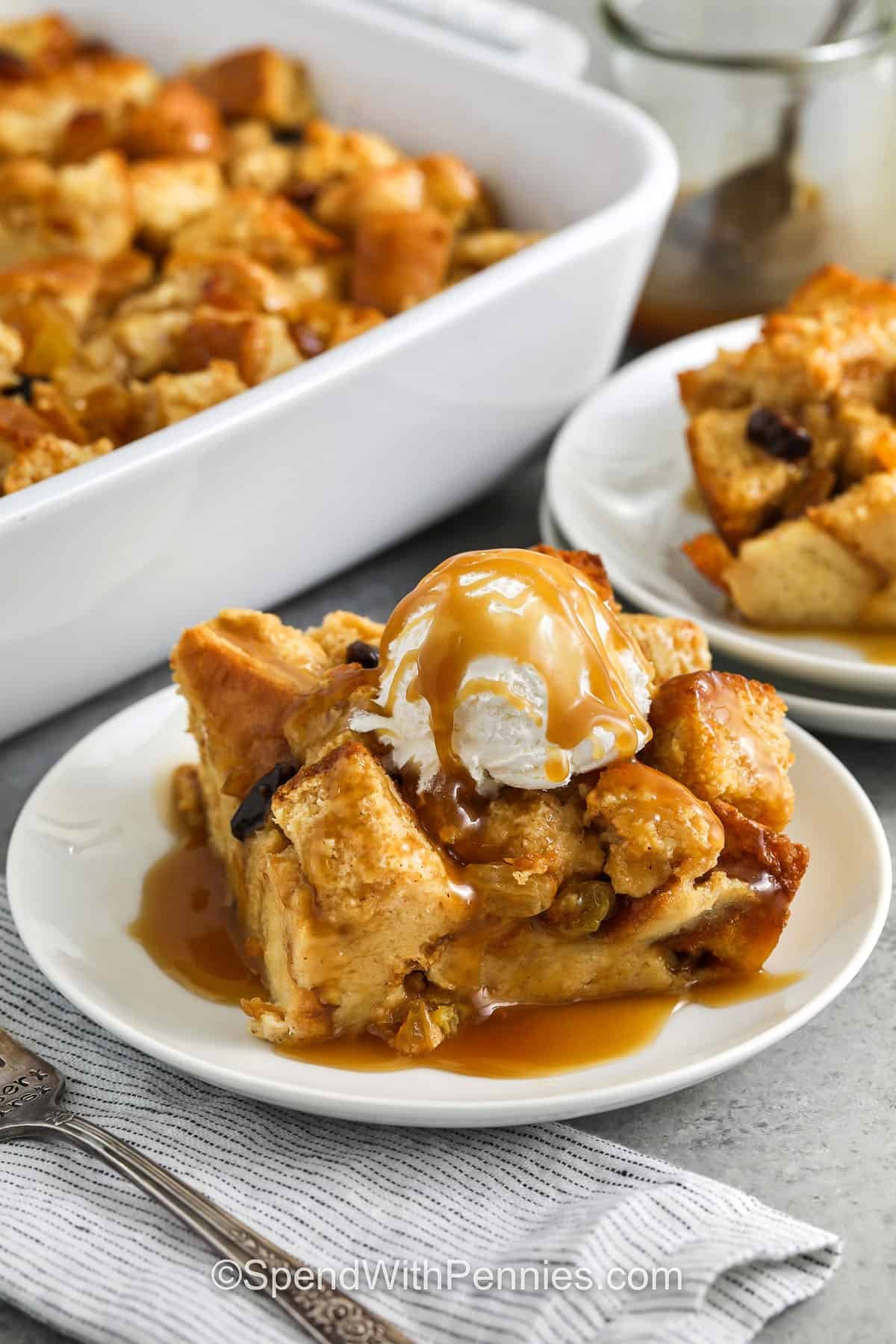 slice of Bread Pudding Recipe with ice cream and caramel sauce