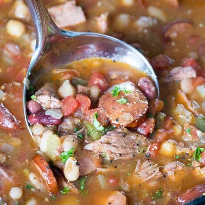Cajun Bean Leftover Turkey Soup with serving spoon