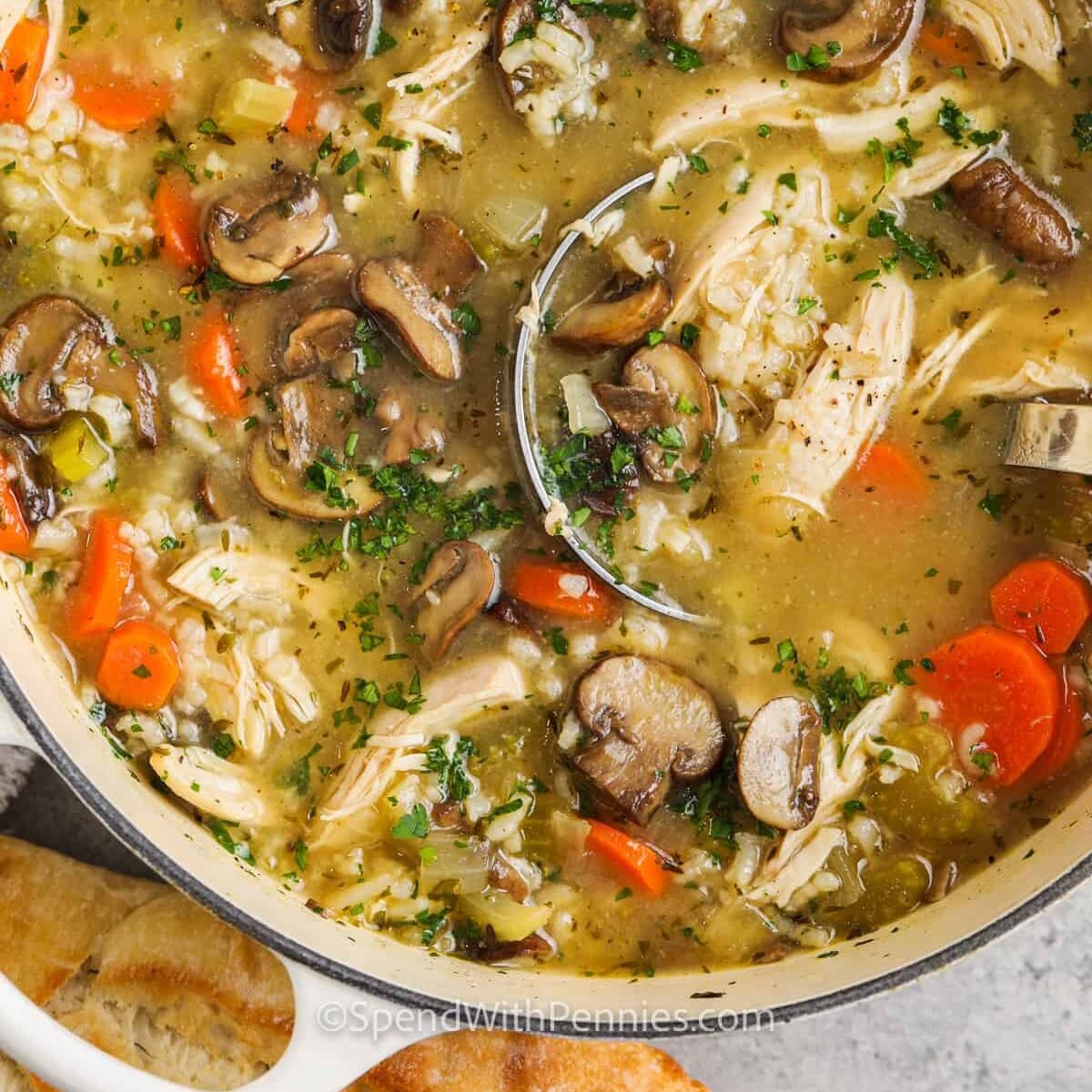 pot full of Chicken Mushroom Soup with rice and veggies like carrots