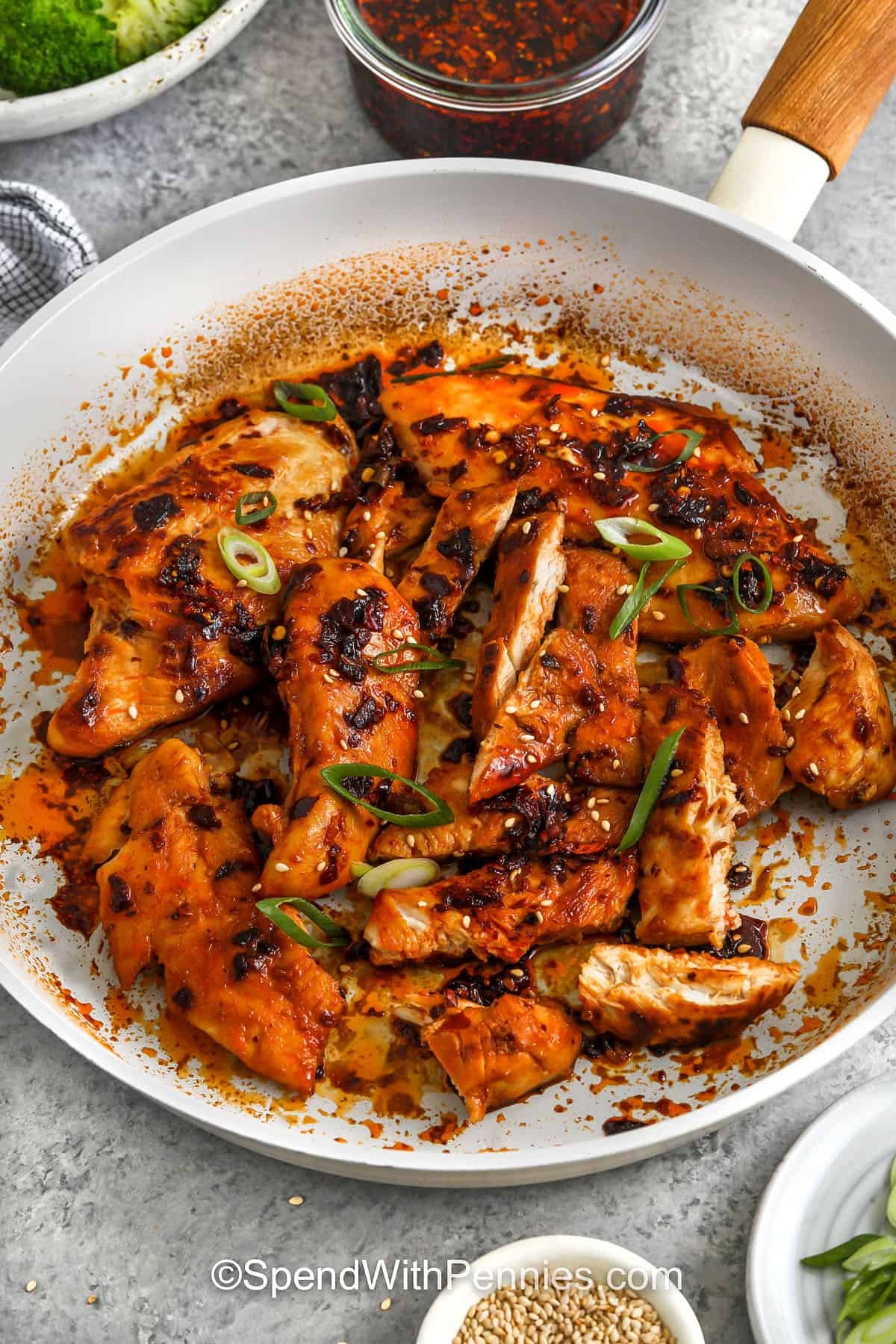 close up of Chili Crisp Chicken in a pan