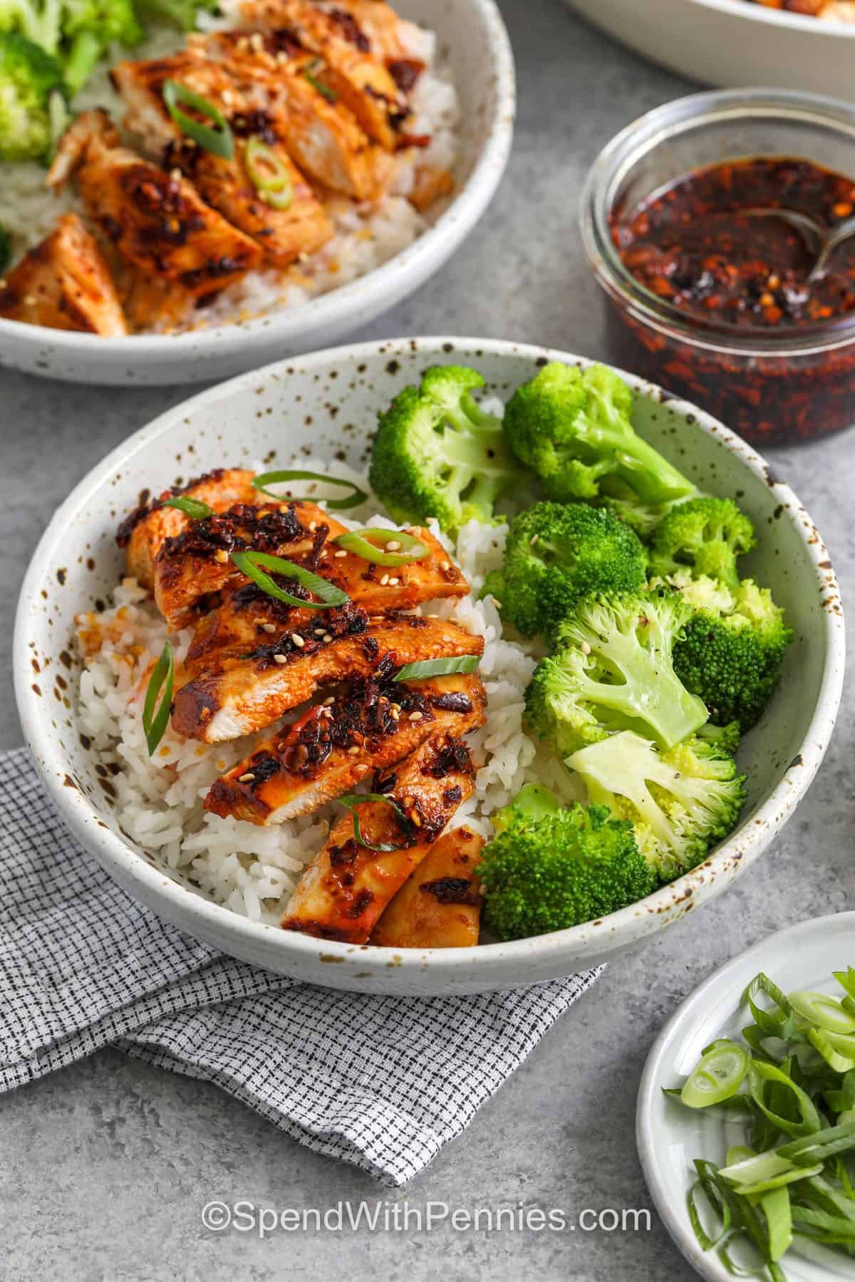 Chili Crisp Chicken on rice with broccoli