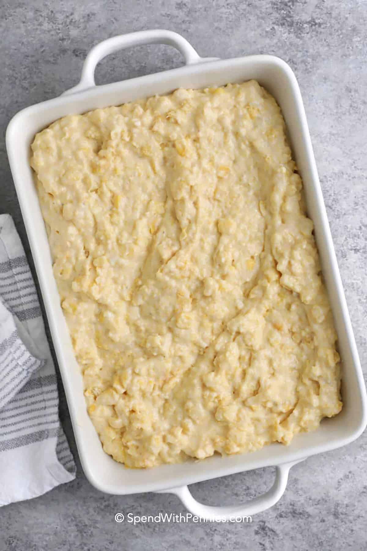 top view of unbaked corn casserole