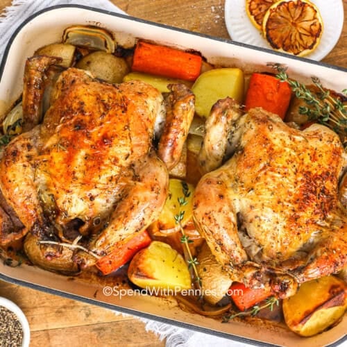 Two cornish hens with vegetables in a baking pan.