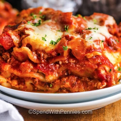 close up of a slice of Crockpot Lasagna