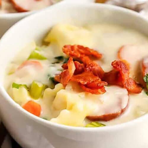 A bowl of creamy tortellini soup
