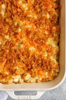 close up of Funeral Potatoes in a casserole dish