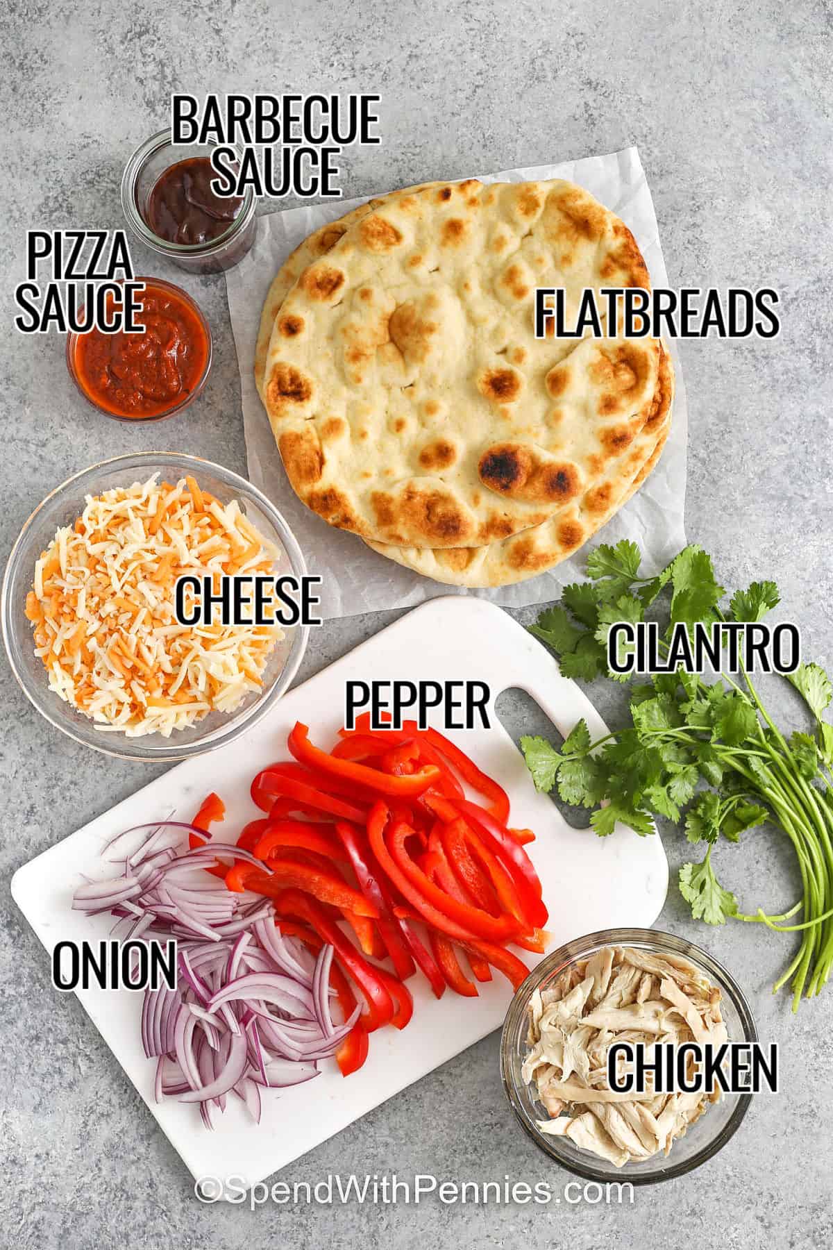 BBQ chicken flatbread is a fast and flavorful way to satisfy your pizza cravings, with that cozy café-style feel you’d expect from Panera. Tender chicken, smoky BBQ sauce, melty cheese, and crisp red peppers come together on a golden-baked flatbread for the perfect bite. The combo of BBQ and pizza sauce adds a tangy twist, and it’s lower in calories than most takeout options. A new healthy favorite! #spendwithpennies barbecue sauce , pizza sauce , cheese , pepper , onion , flatbreads , cilantro , chicken with labels to make BBQ Chicken Flatbread