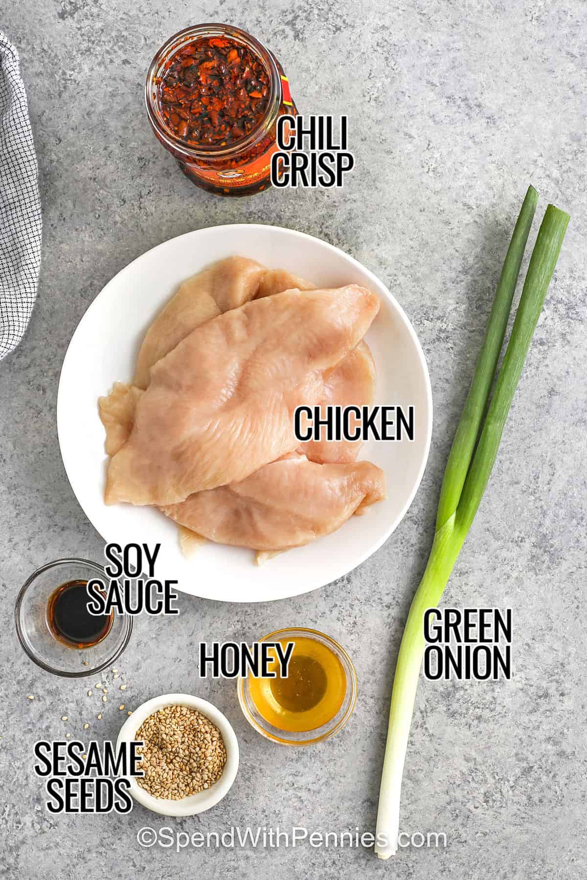 chicken , chili crisp , soy sauce , honey , sesame seeds , green onion with labels to make Chili Crisp Chicken