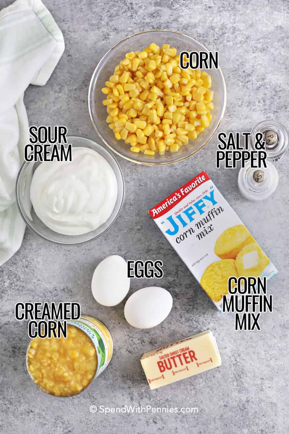 Make corn casserole with Jiffy mix when you want a reliable side that feeds a crowd. The batter stirs together quickly with eggs, melted butter, corn kernels, creamed corn, and sour cream, then bakes into a creamy, comforting casserole with a lightly crisp top. Use canned corn that is well-drained or thaw frozen corn for the best texture. Cheese or bacon bits make an easy upgrade. #spendwithpennies corn , sour cream , corn muffin mix , butter , eggs , creamed corn , salt and pepper with labels to make Corn Casserole