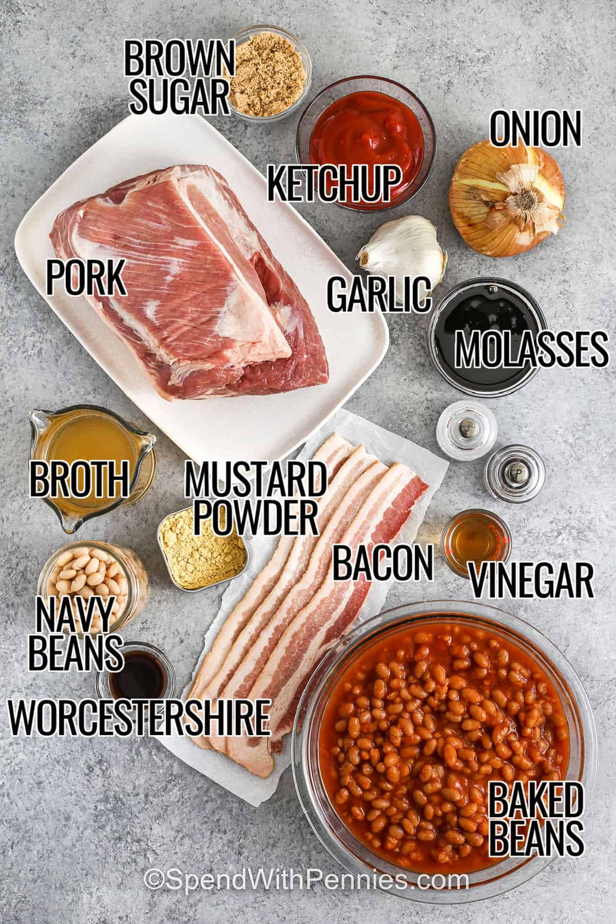 Pork and beans is the ultimate comfort recipe, loaded with tender pork shoulder, smoky bacon, and beans simmered in a savory-sweet sauce. With molasses, ketchup, brown sugar, and mustard, the flavor is bold and hearty. This dish makes a big pot of goodness, perfect for sharing at camp, serving over rice, or enjoying with a warm slice of cornbread. A filling, flavorful classic for any season. #spendwithpennies brown sugar , ketchup , onion , garlic molasses , vinegar , baked beans , bacon , worcestershire , navy beans , mustard powder , broth , pork with labels to make Sausage Gravy Recipe