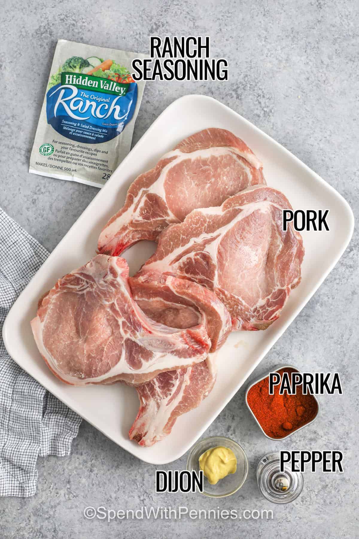 ranch seasoning , pork , paprika , pepper , dijon mustard with labels to make Ranch Pork Chops