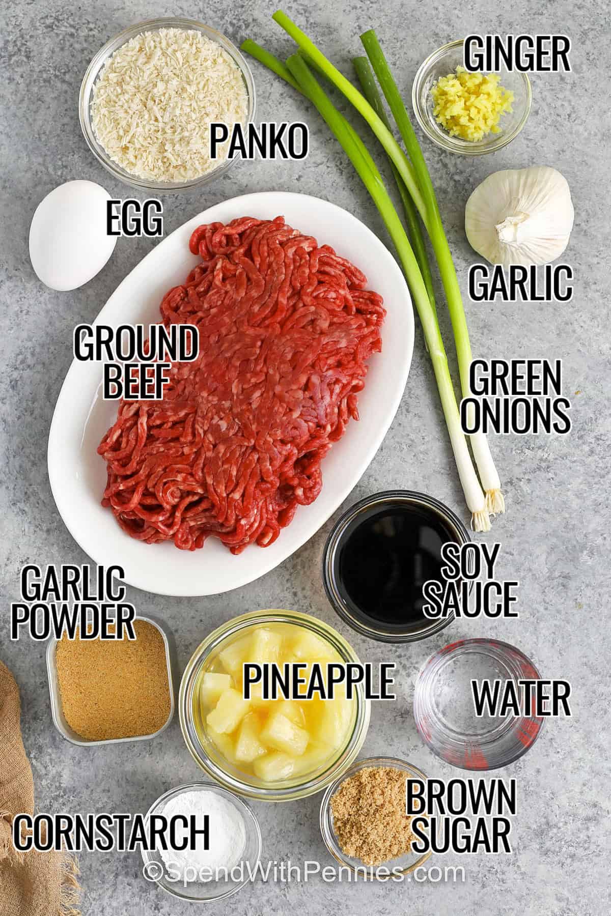 ingredients with labels to make teriyaki meatballs