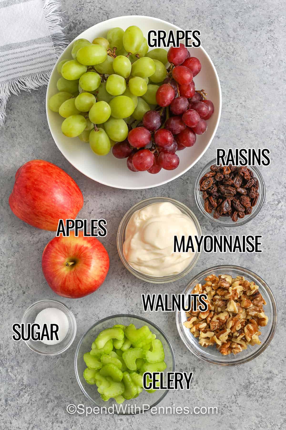 labelled ingredients for waldorf salad