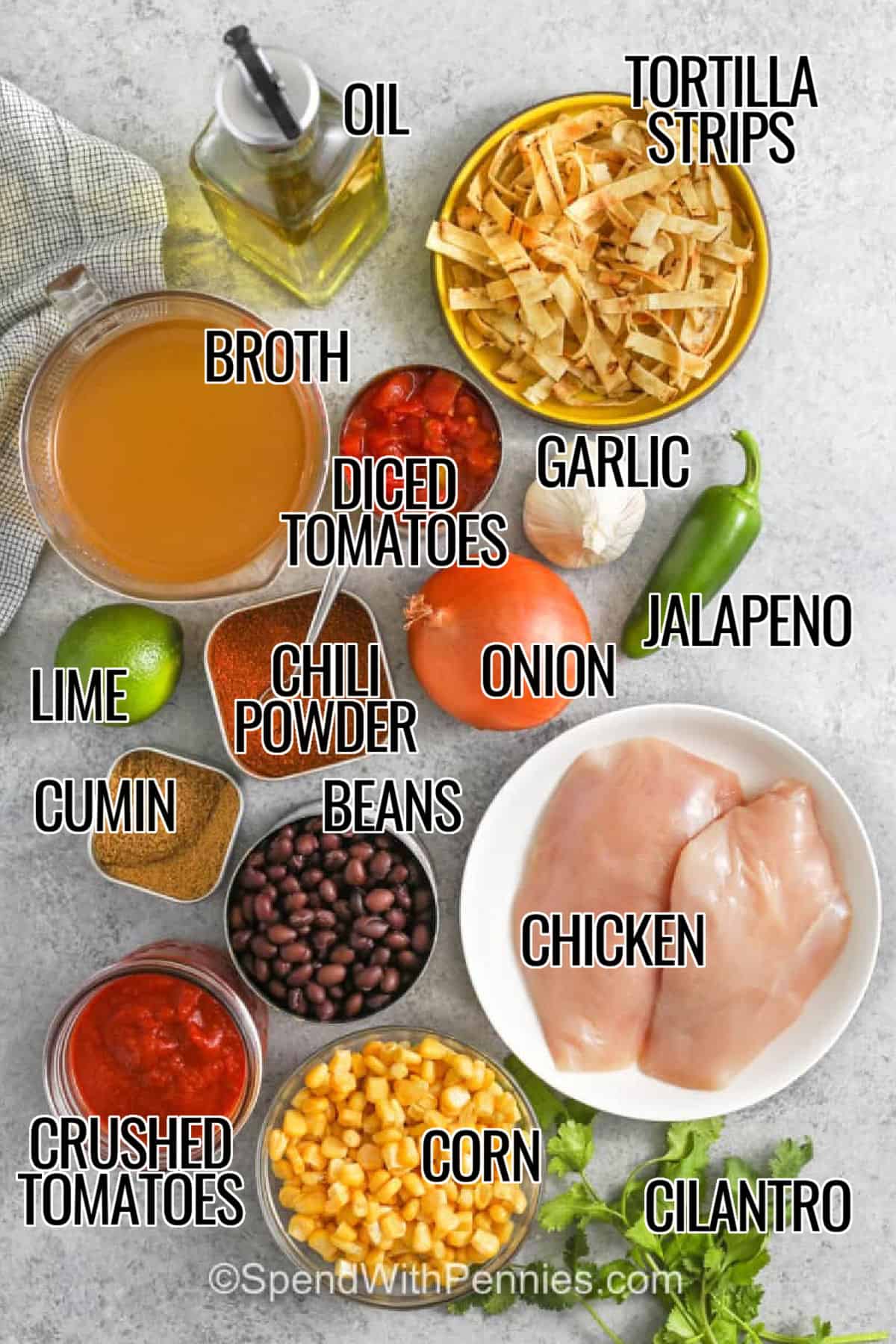tortilla strips , oil , broth , diced tomatoes , garlic , jalapeno , onion , chili powder , lime , cumin , beans , chicken , crushed tomatoes , corn , cilantro , chicken with labels to make Chicken Tortilla Soup