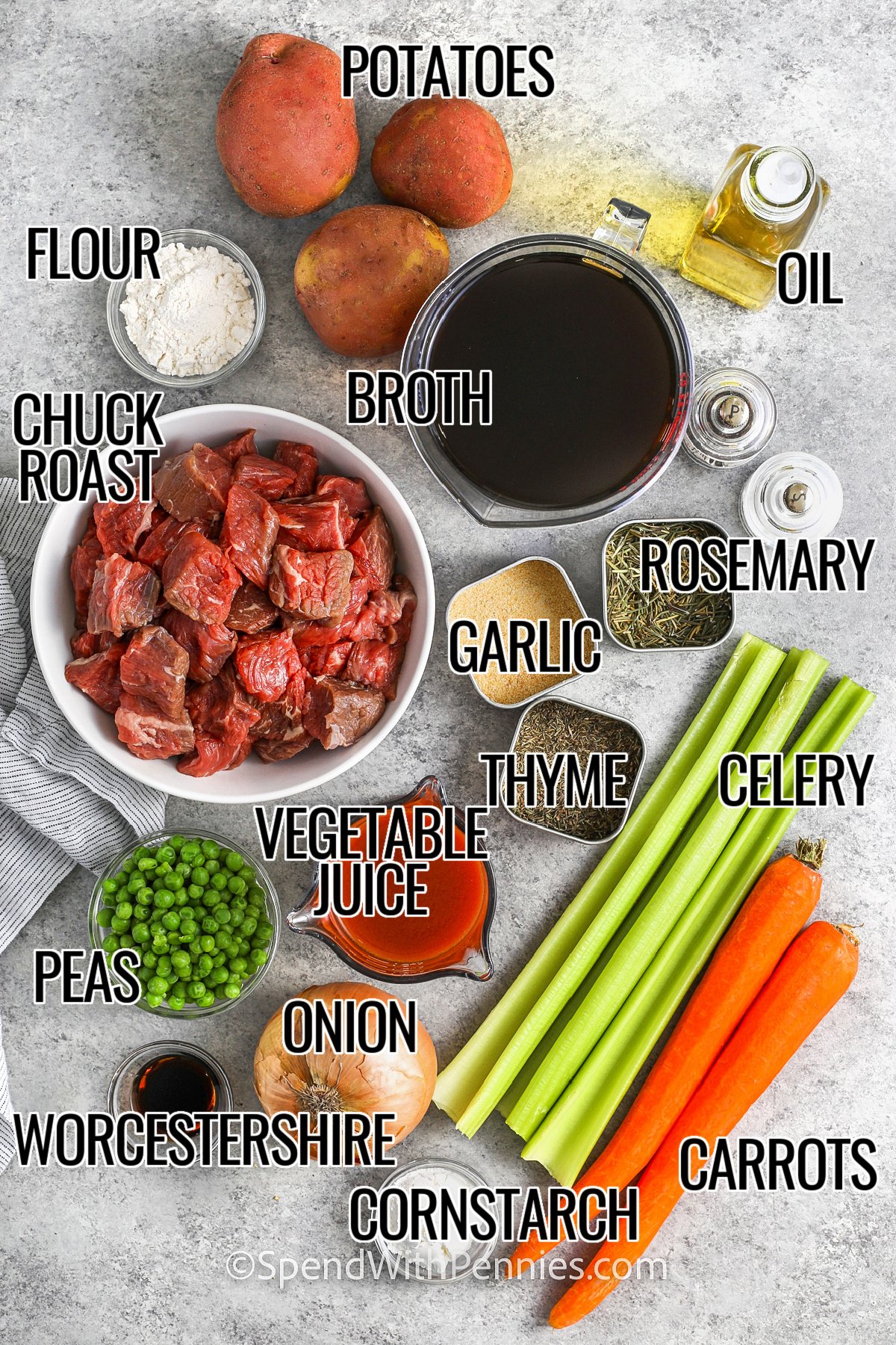 Crockpot beef stew is a flavorful blend of tender beef, root vegetables, and savory herbs. With simple prep, everything goes into the slow cooker and simmers low and slow until melt-in-your-mouth perfection. A little cornstarch thickens it to the perfect consistency, making it great for dipping crusty bread. Easy to prep, family-friendly, and freezer-friendly too. #spendwithpennies potatoes , oil , broth , flour , chuck roast , garlic , thyme , rosemary , celery , carrots , cornstarch , worcestershire , onion , vegetable juice , peas with labels to make Crock Pot Beef Stew