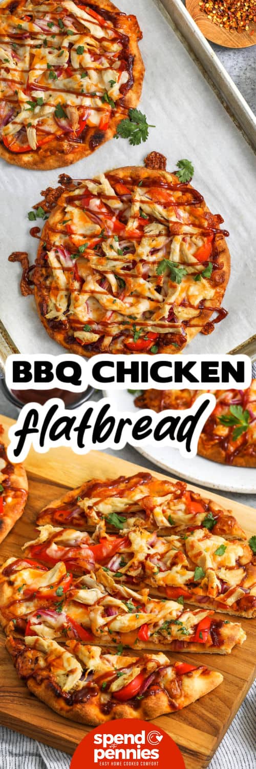 BBQ chicken flatbread is a fast and flavorful way to satisfy your pizza cravings, with that cozy café-style feel you’d expect from Panera. Tender chicken, smoky BBQ sauce, melty cheese, and crisp red peppers come together on a golden-baked flatbread for the perfect bite. The combo of BBQ and pizza sauce adds a tangy twist, and it’s lower in calories than most takeout options. A new healthy favorite! #spendwithpennies BBQ Chicken Flatbread on a sheet pan and sliced on a wooden board with title