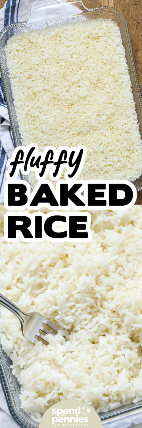 Baked Rice in a dish and close up photo with a title