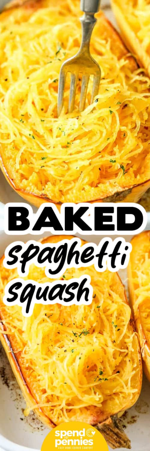Baked spaghetti squash makes a delicious, low-calorie side that is naturally sweet and tender. This recipe is easy to make with whole squash, butter or oil, and simple seasonings. Serve it alongside chicken or sprinkle with cheese or feta for a richer flavor. Toss with tomato for a fresh touch. Cooking at the right oven temperature ensures perfectly long strands every time. #spendwithpennies to image: a fork shredding baked spaghetti squash bottom image: shredded baked spaghetti squash with writing