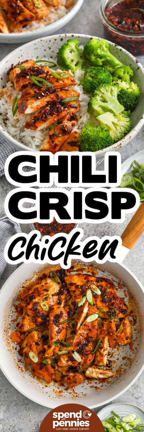 Chili Crisp Chicken in the pot and plated with a title