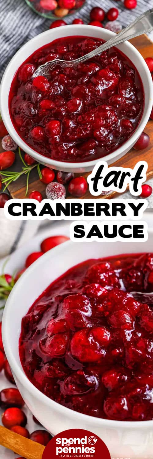 Cranberry Sauce in a bowl and close up photo with a title