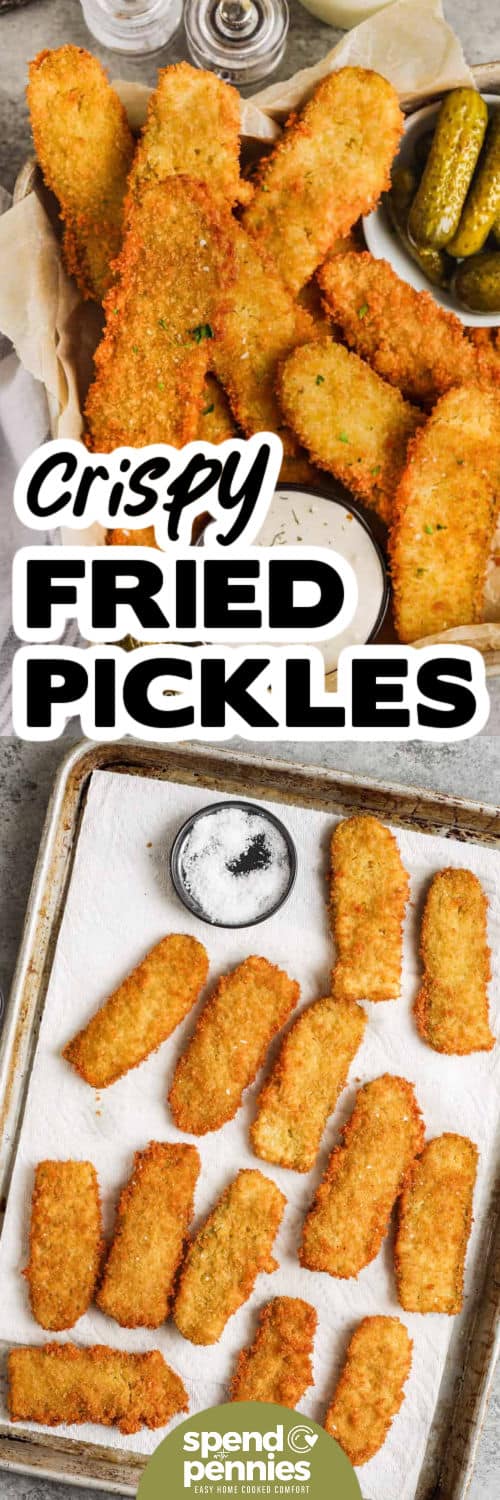 Fried pickles are the best way to turn simple dill pickles into a crispy snack everyone will crave. In this recipe, tangy pickle slices are dipped in batter, coated with Panko crumbs, and fried to golden perfection. Enjoy them with ranch dip, spicy sauce, or as a side with chicken and fries. For variety, make them as spears for extra flavor or as pickle chips for dipping. However you serve them, fried pickles are a fun and crunchy addition to any table. #spendwithpennies Crispy Fried Pickles on a sheet pan and in a basket with a title