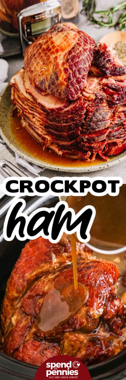 Crockpot ham delivers juicy, tender meat with a sweet, caramelized glaze. This recipe combines brown sugar, apple preserves, Dijon, and a hint of ginger over a spiral ham for deep flavor. Cooking low and slow allows the glaze to soak in while rosemary adds fragrance. Serve with potato dishes, baked beans, or a hearty soup for a classic meal. Leftovers are perfect for sandwiches or a breakfast hash that tastes gourmet. #spendwithpennies top image: sliced crockpot ham on a plate with a crockpot and herbs in the background bottom image: pouring glaze over crock pot ham, with writing