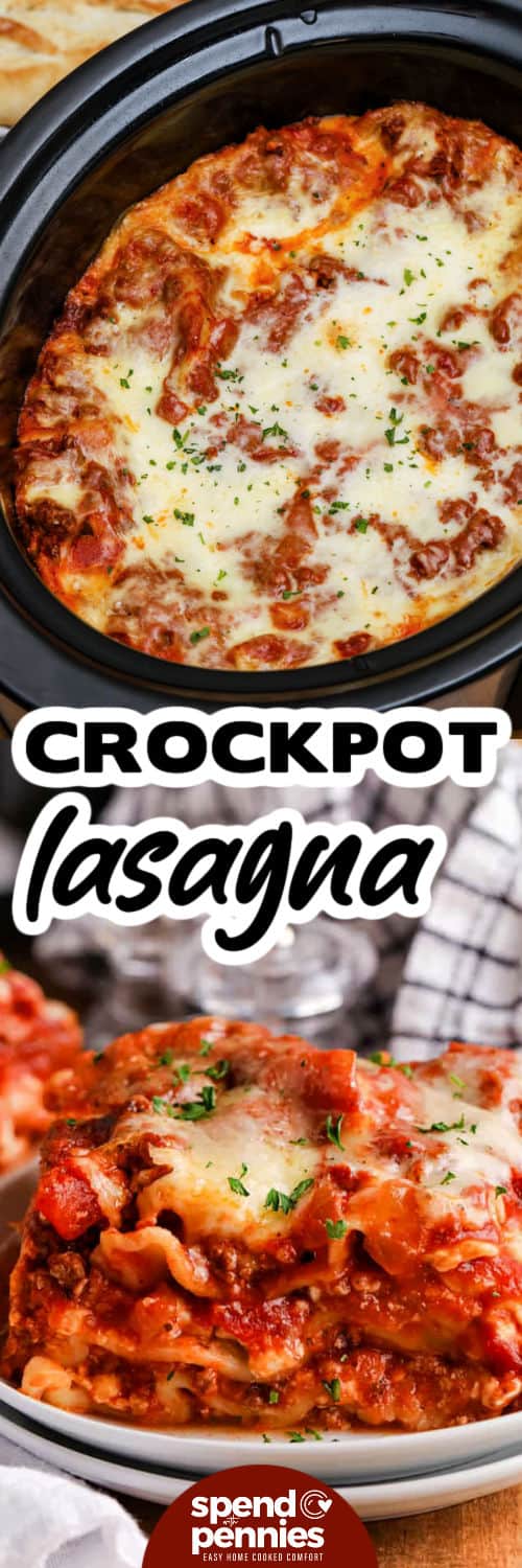 This crockpot lasagna recipe is rich, hearty, and full of Italian flavor. Layers of tender noodles, creamy ricotta, seasoned beef, and gooey cheese come together beautifully in the slow cooker. It’s a no-fuss way to make a homemade lasagna that turns out perfect every time. Serve it with a light veggie side or a green salad for a complete dinner. #spendwithpennies Crockpot Lasagna in the pot and a slice plated with a title