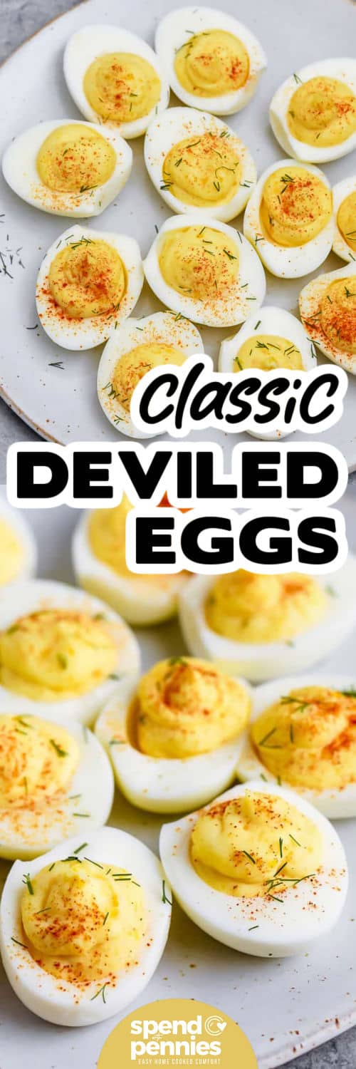 For a classic deviled eggs recipe that never fails, try this creamy and flavorful version. The yolk mixture combines mayonnaise, mustard, and vinegar for a smooth texture and tangy taste, topped with paprika or bacon for extra flavor. This dish is perfect on any serving tray. It also pairs well with roasted meats or fresh salads for a balanced meal. #spendwithpennies classic Deviled Eggs on a plate and close up photo with a title