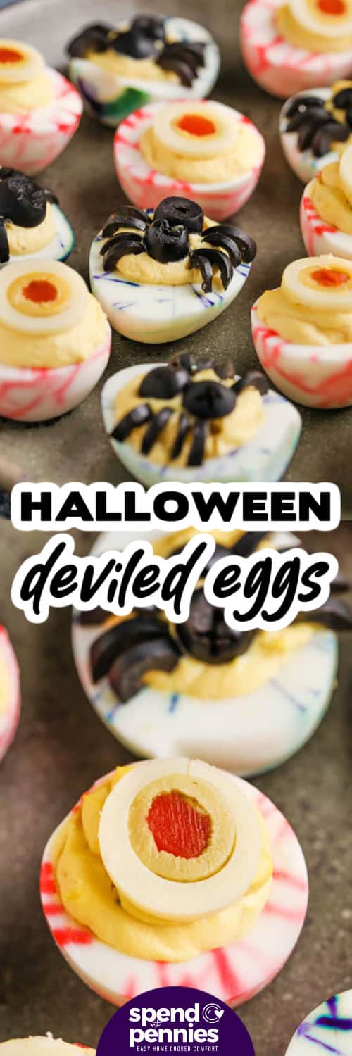 Halloween deviled eggs are a creative recipe that makes a spooky twist on a tasty snack. Food coloring is used to make a marbled effect on the whites, the centers are filled with creamy yolk and topped with spider or eyeball designs for eerie fun. You can decorate with pumpkin accents or avocado to make each one your own. Perfect for costume parties, these clever food ideas are easy to make and will be a hit on any Halloween table. #spendwithpennies Halloween Deviled Eggs on a plate and close up photo with a title