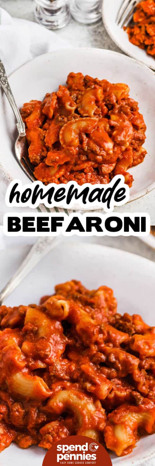 Homemade beefaroni brings together the bold flavors of seasoned beef, zesty tomato sauce, and tender pasta in one comforting dish. The addition of cream cheese creates a velvety base, while a sprinkle of cheddar cheese adds the perfect cheesy topping. Ready in under 30 minutes, it’s a warm, filling meal that’s easy to make and perfect for the whole family. #spendwithpennies two images of beefaroni in bowls with writing