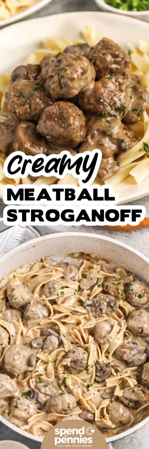 Meatball Stroganoff in the pan and plated with a title