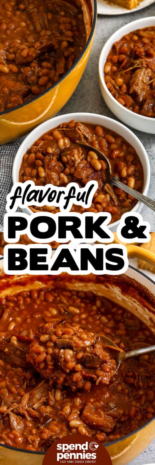 This recipe for pork and beans delivers big flavor to the dinner table. It has the best balance of tender pork shoulder, smoky bacon, and saucy beans. The pork is cooked in a flavorful pot of broth, molasses, and spices until it melts apart, then combined with canned baked beans and navy beans for a rich, filling dish. It’s a recipe made for serving with rice, bread, or coleslaw, and the leftovers taste even better. This comfort classic is a keeper. #spendwithpennies flavorful Pork and Beans in pot and in bowls with title
