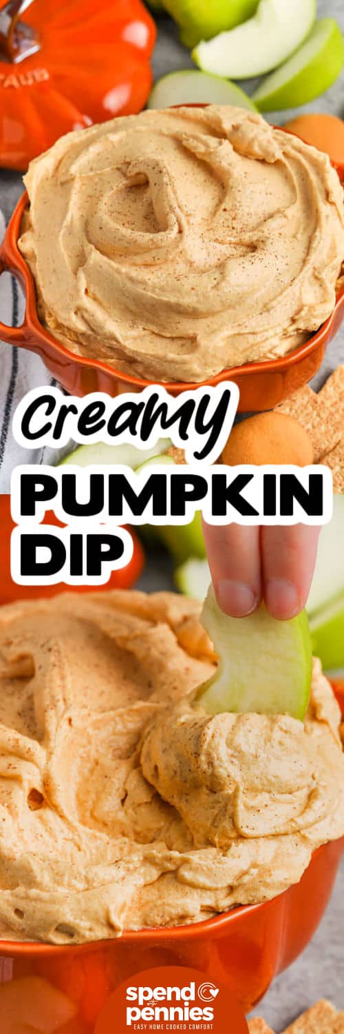 Pumpkin dip is the kind of recipe that makes fall extra special. With pumpkin, cream cheese, warm spice, and a topping whipped to perfection, it comes together as a light and creamy fluff that is perfect for dipping. Enjoy it with apples, graham crackers, or pretzels for a sweet and salty twist. The taste is like pumpkin pie turned into a cheesecake pudding dip, and it is so easy that you will find yourself making it often for snacks or gatherings. #spendwithpennies creamy Pumpkin Dip in a dish and photo of dipping an apple in dip and a title