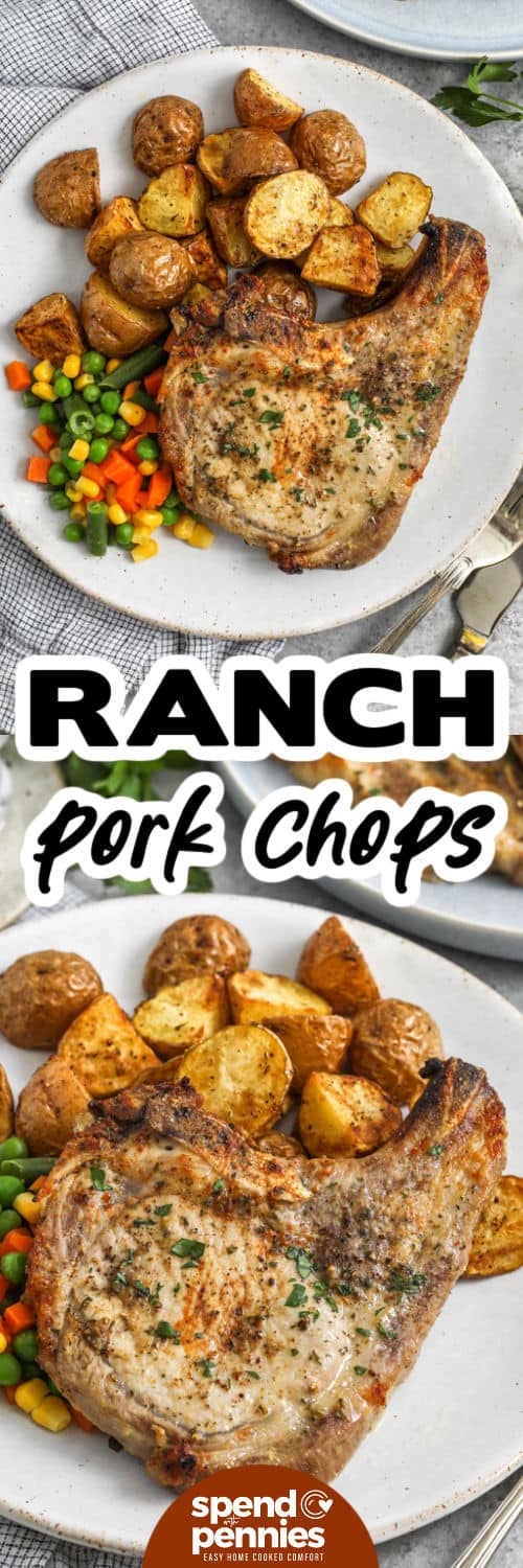 Ranch Pork Chops on a plate and close up photo with a title