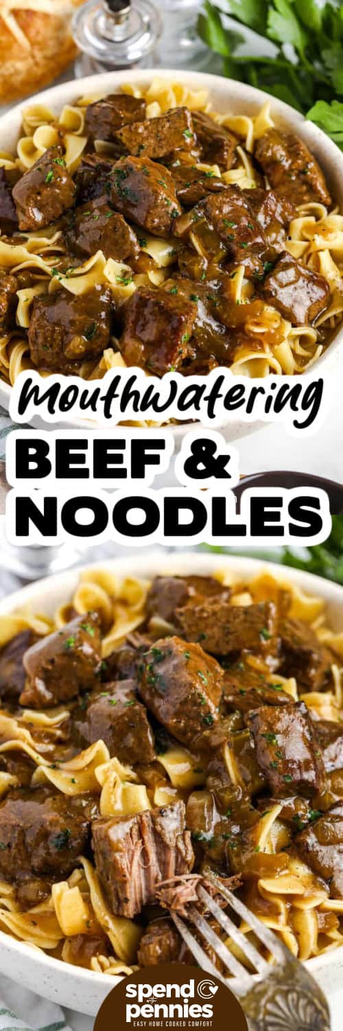 This beef and noodles recipe features tender beef, egg noodles, and delicious gravy for the ultimate family meal. The beef is browned, then cooked with onions, celery, broth, and spices until savory and rich. Spoon it over noodles for a dish that warms from the inside out. With its simple prep and classic flavor, this recipe is easy to love and perfect to serve any night of the week. Add a side of broccoli for freshness. #spendwithpennies