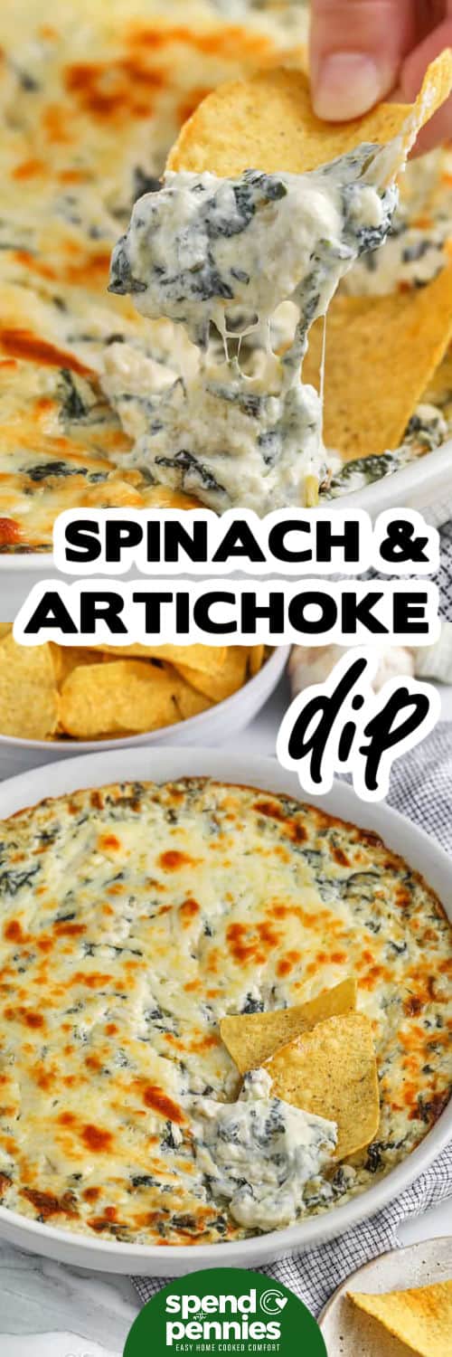 Spinach artichoke dip is a classic crowd favorite for good reason. This creamy, cheesy recipe combines spinach, artichokes, and a blend of rich cheeses for the ultimate flavor. Serve it hot and bubbly from the oven with bread or chips. It’s a simple way to make any gathering a little more special. #spendwithpennies top image: dipping tortilla chip into spinach artichoke dip and writing bottom image: a dish of baked spinach artichoke dip with two tortilla chips on top
