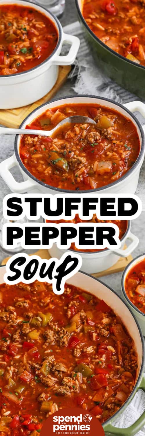 Stuffed pepper soup is an easy one-pot recipe that’s loaded with flavor and simple ingredients. Made with seasoned ground beef, colorful peppers, tomatoes, and rice, it’s a warm and satisfying dinner that comes together in no time. Customize it with brown rice, ground turkey, or extra veggies to suit your taste. It freezes beautifully, making it great for batch cooking. #spendwithpennies stuffed pepper soup in a white pot and a green pot with writing