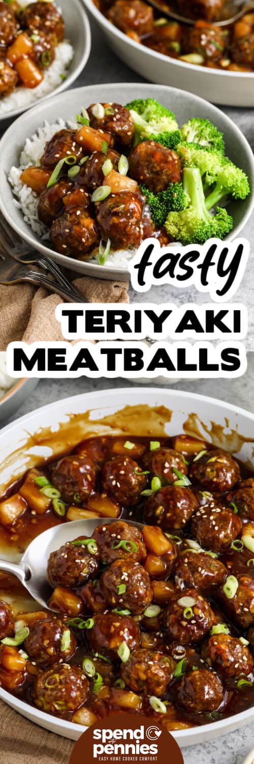 top image: teriyaki meatballs in a bowl with broccoli and rice with writing bottom image: teriyaki meatballs being served from a pan with a spoon