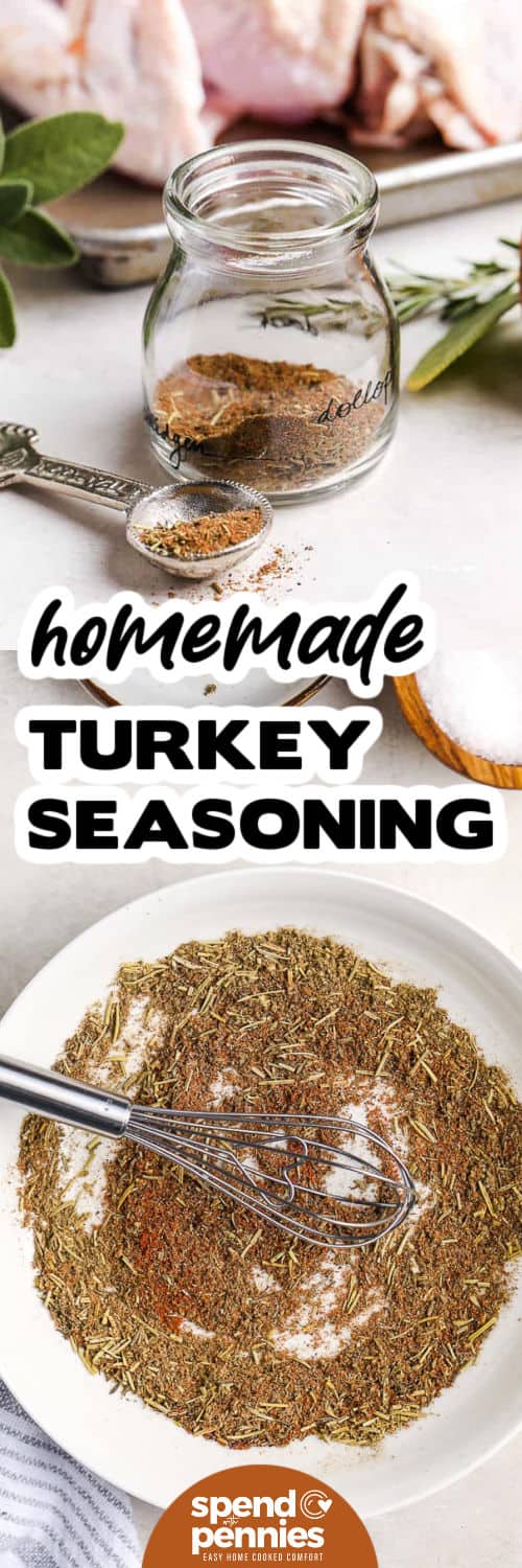 Turkey seasoning adds classic flavor to any poultry dish. This homemade blend of sage, thyme, paprika, black pepper, nutmeg, and rosemary enhances roasted or smoked turkey. Sprinkle on a turkey breast for Thanksgiving or stir into soups and casseroles for a savory boost. Simple, aromatic, and versatile, it’s the best way to make your turkey taste like it was slow-cooked with care and love. #spendwithpennies Turkey Seasoning on a plate and in a jar with a title