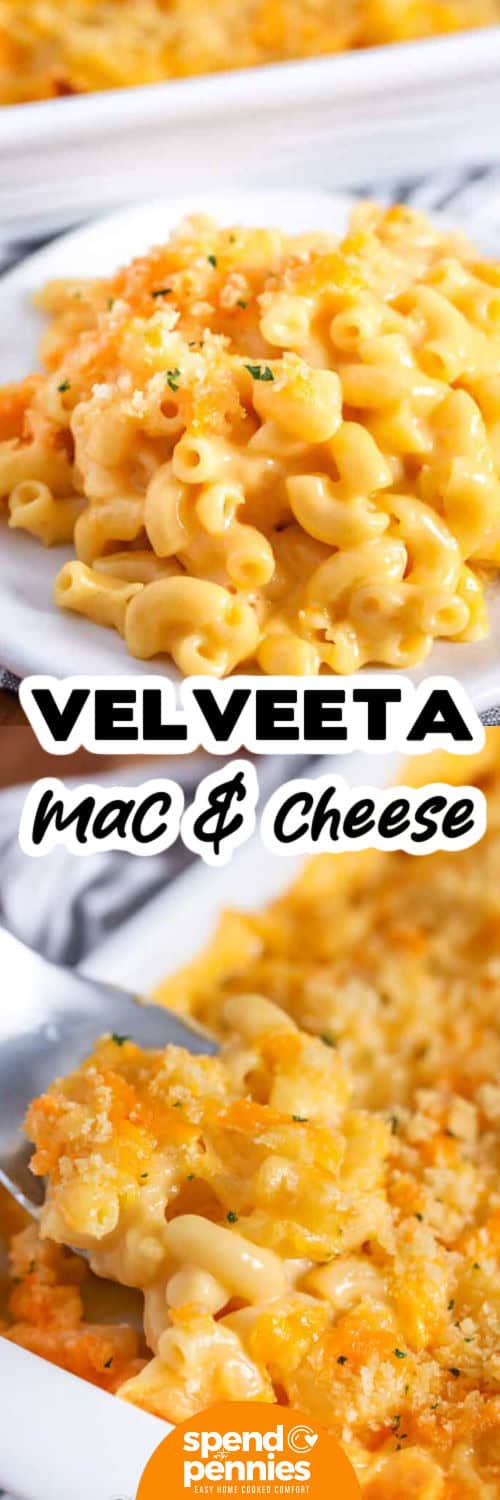 Whip up this easy Velveeta mac and cheese recipe for a creamy, cheesy meal that’s pure comfort in every bite. A homemade blend of Velveeta, cheddar, and milk, makes the sauce extra rich, and the mustard and onion powders that season it give it extra savor and bite. Bake it with buttered Panko breadcrumbs for a crunchy, golden topping, or skip the oven and serve it from the Crock Pot when you’re short on time. It’s simple, satisfying, and way better than the boxed kind! #spendwithpennies Velveeta mac and cheese on a plate and in a casserole dish with a title
