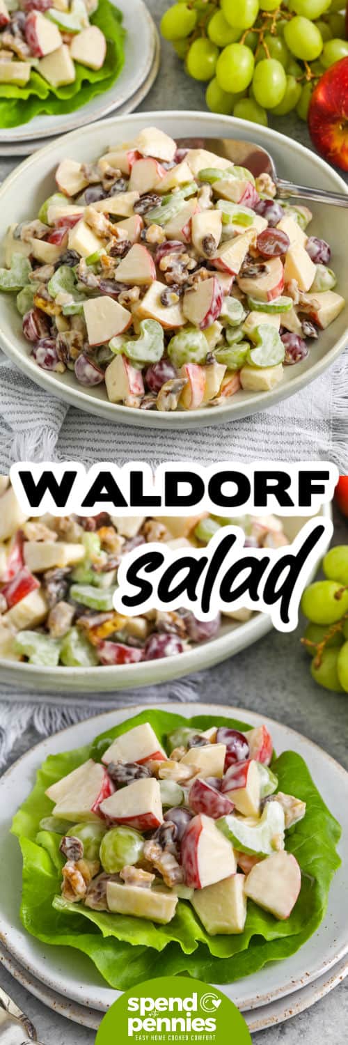 2 pictures of waldorf salad one in a bowl and another on a plate with lettuce and writing