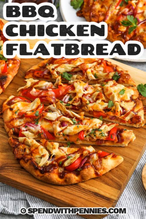 BBQ chicken flatbread brings bold flavor without the extra calories, making it a smart and satisfying dinner. Juicy chicken, sweet and smoky BBQ sauce, and gooey cheese sit atop crisp naan bread. It’s like your favorite tgi friday flatbread but fresher, faster, and better for your nutrition goals. Bell peppers and onions give a satisfying crunch that keeps every bite exciting. #spendwithpennies sliced BBQ Chicken Flatbread with a title