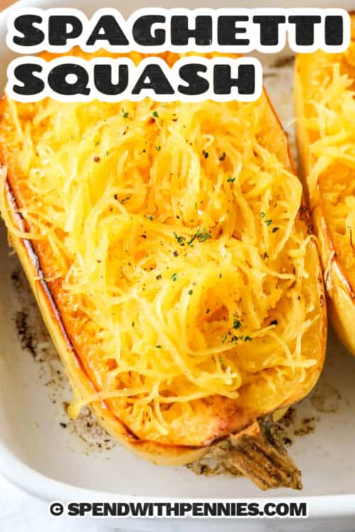Baked spaghetti squash is an easy and delicious way to enjoy tender and mild tasting squash straight from the oven. This recipe is simple to prep and perfect as a side dish for chicken or paired with your favorite cheese. Serve it with a sprinkle of feta or toss with tomato for extra flavor. The natural sweetness of the squash is brought out at the right oven temperature and makes a healthy addition to any meal. #spendwithpennies baked spaghetti squash in a casserole dish with writing
