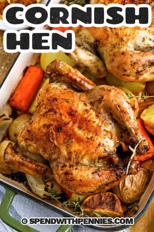 close up of Cornish Hen with a title