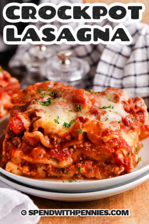 Crockpot lasagna has all the flavor of the classic Italian dish with none of the fuss. This easy recipe layers tender noodles, rich beef sauce, and creamy ricotta for the perfect comfort food. The slow cooker brings out every bit of flavor while melting the cheese into a delicious, bubbly topping. Serve this dish with a side salad or roasted veggies for a hearty, satisfying meal. #spendwithpennies slice of Crockpot Lasagna with a title